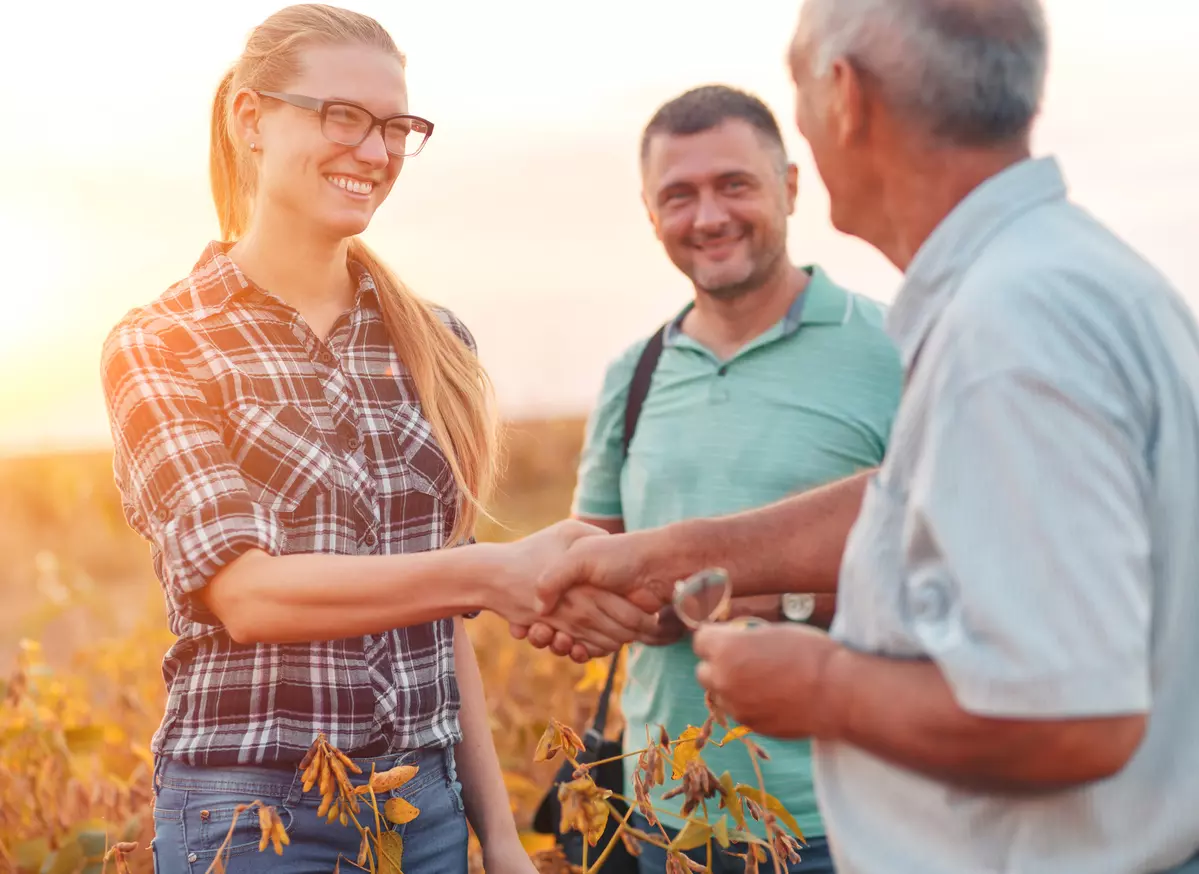 Group of farmers standing in a field examining soybean crop before harvesting.
